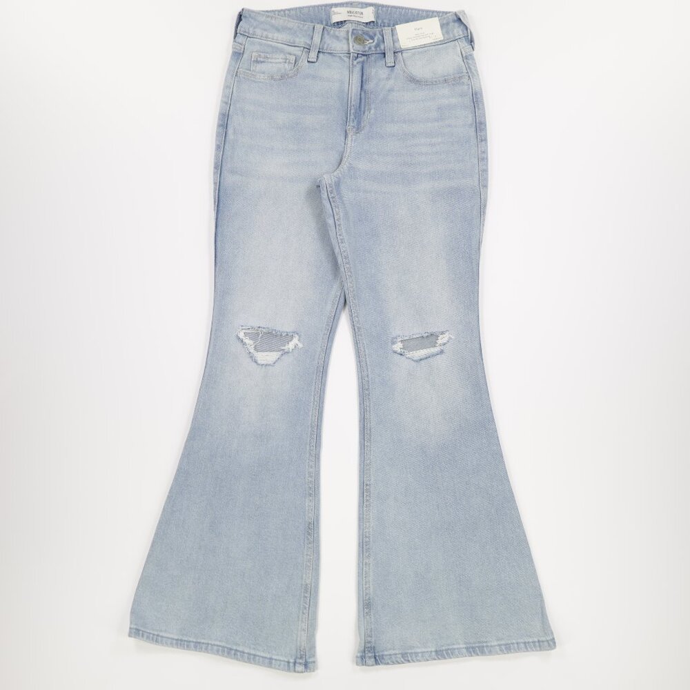 Hollister Women's High Rise Ripped Stretch Denim Flare Jeans Light Blue Size 14s